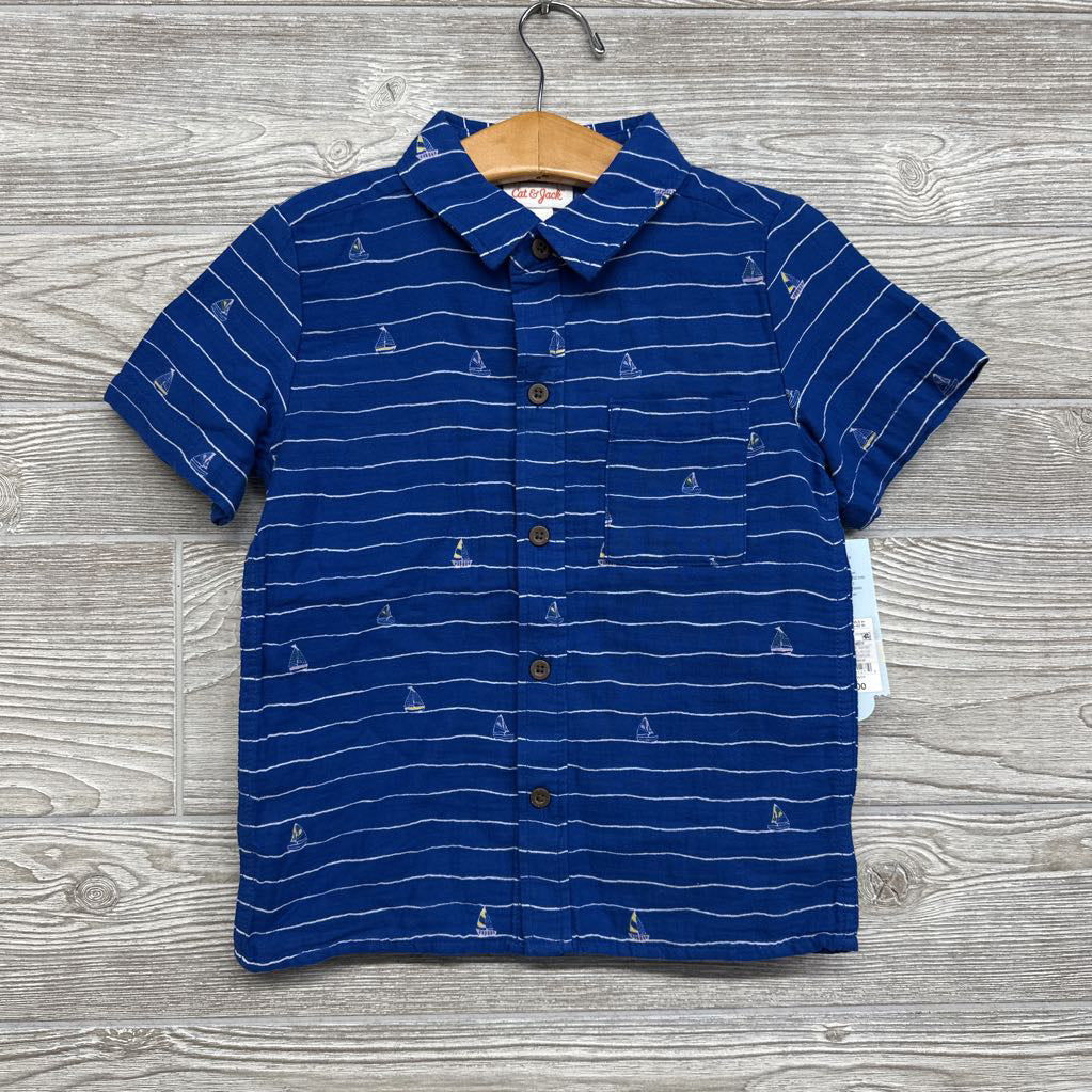 NEW Gauze Button Up Shirt Stripes Sail Boats 5T