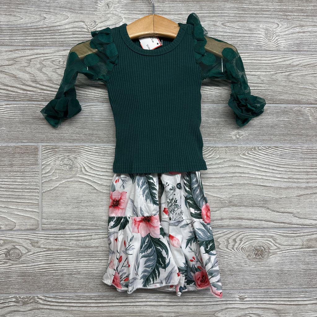 Ribbed LS Shirt Tulle Ruffle & Pants Flowers 0-3M
