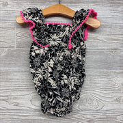 Gauze Flutter Sleeve Romper Flowers Pom Trim 18M