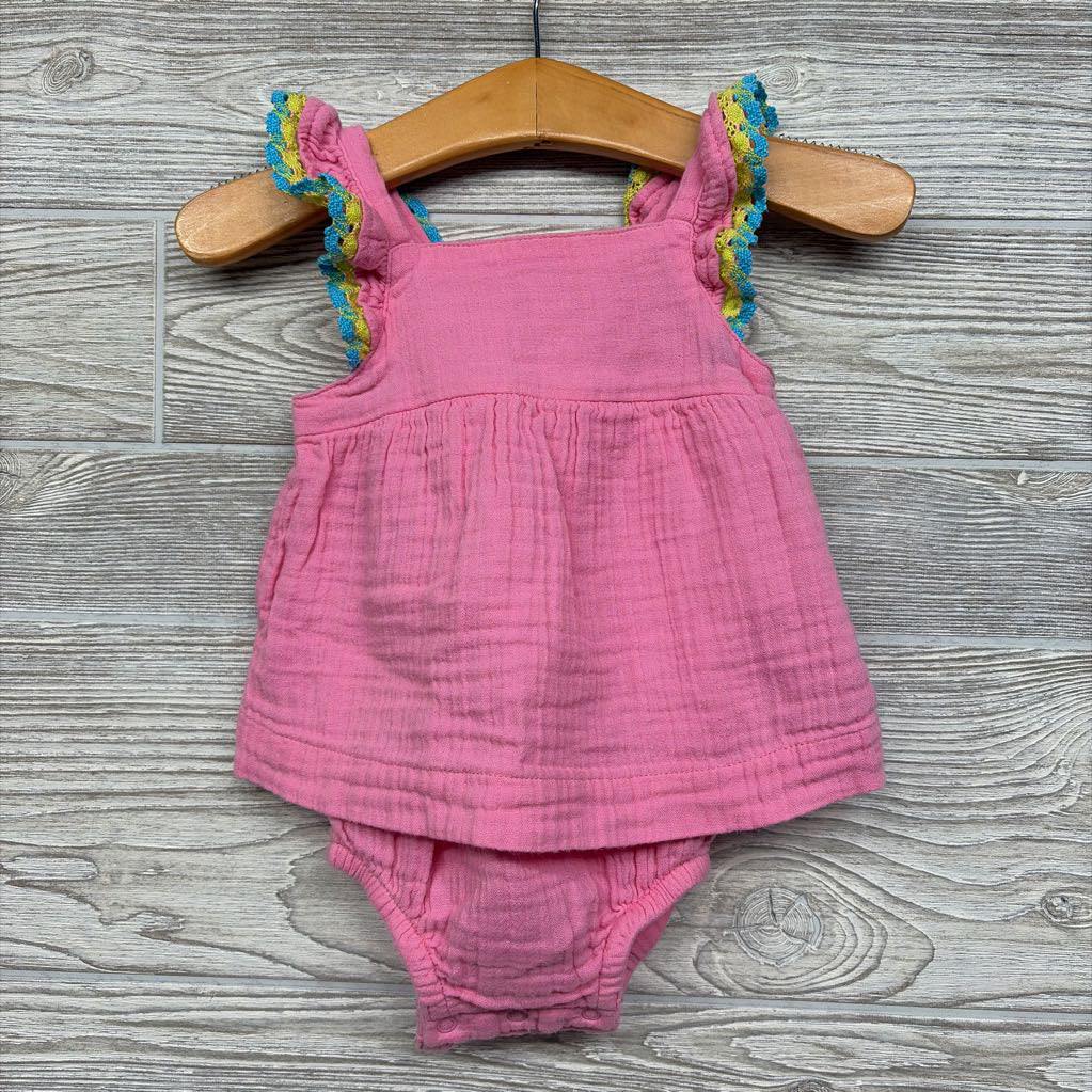 Gauze Flutter Sleeve Sunsuit Macrame Trim 3-6M