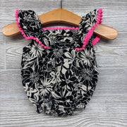 Gauze Flutter Sleeve Romper Flowers Pom Trim 0-3M