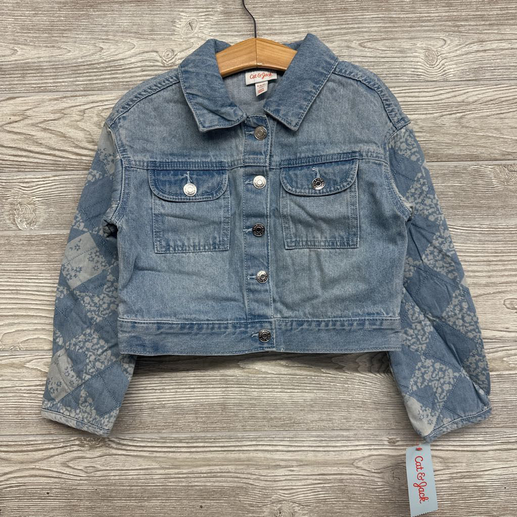 NEW Denim Jacket Quilted Sleeve Printed Flowers 6-7