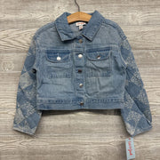 NEW Denim Jacket Quilted Sleeve Printed Flowers 6-7