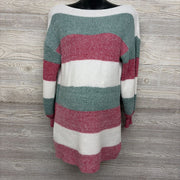 Slit Neck Plush Sweater Dress Stripes Medium