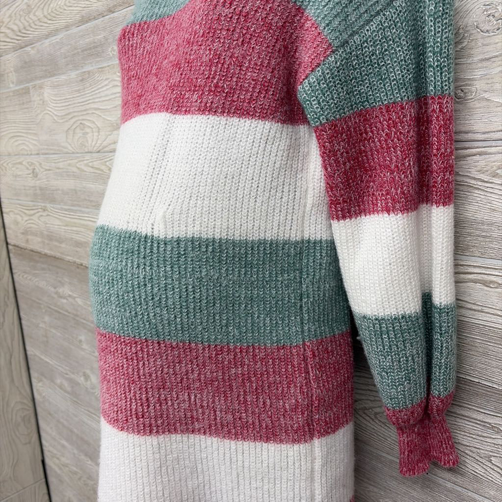 Slit Neck Plush Sweater Dress Stripes Medium