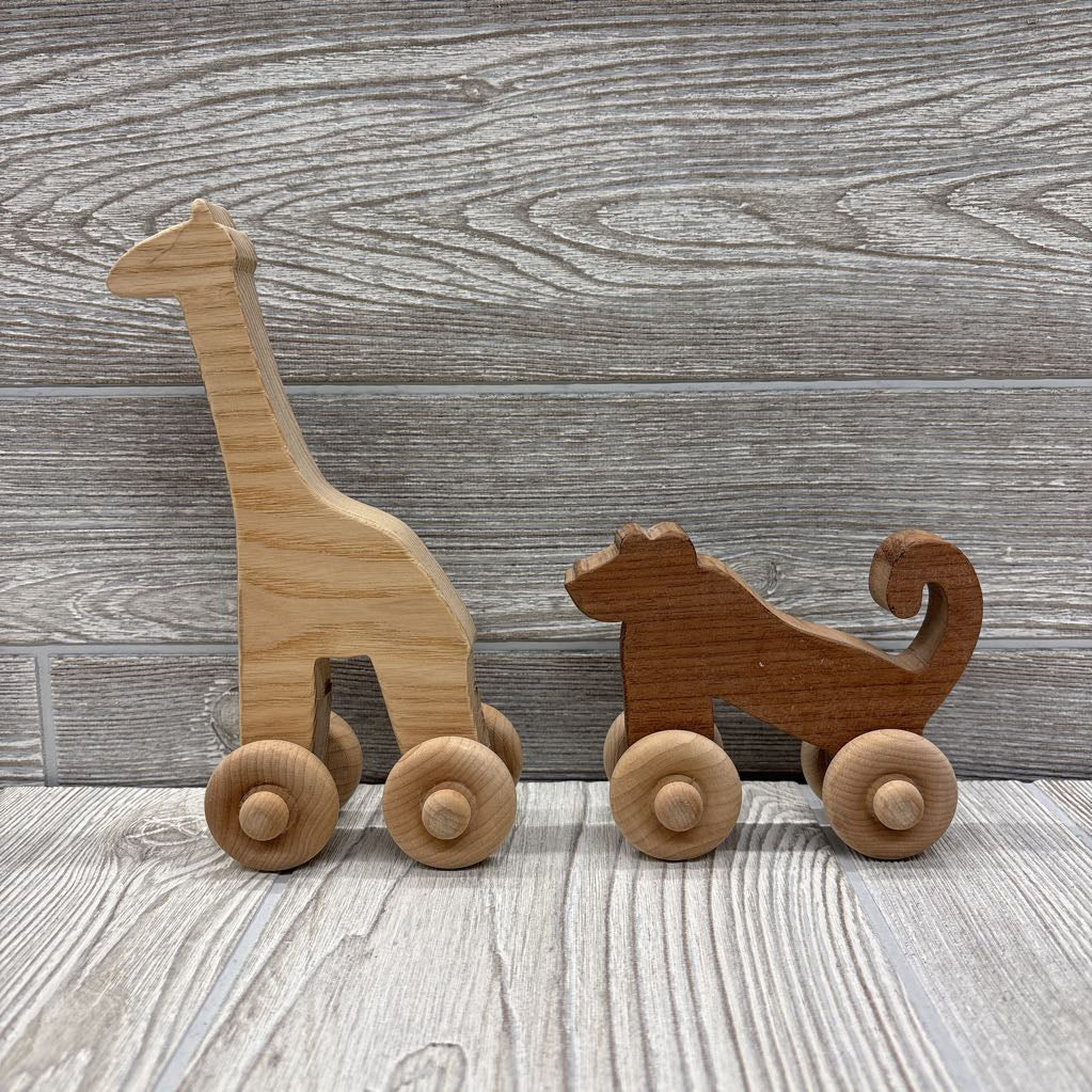 2 Pk Wooden Toys On Wheels, Giraffe & Monkey