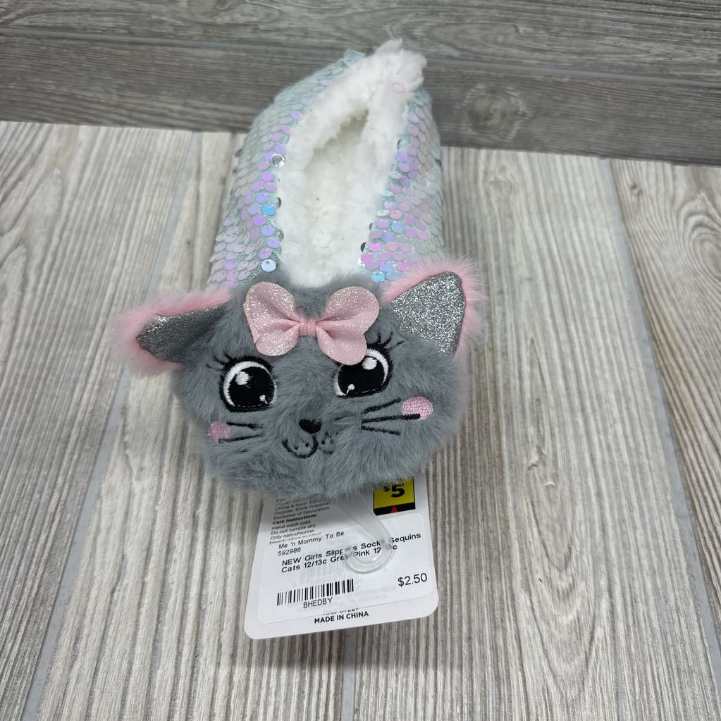NEW Girls Slippers Socks Sequins Cats 12/13c
