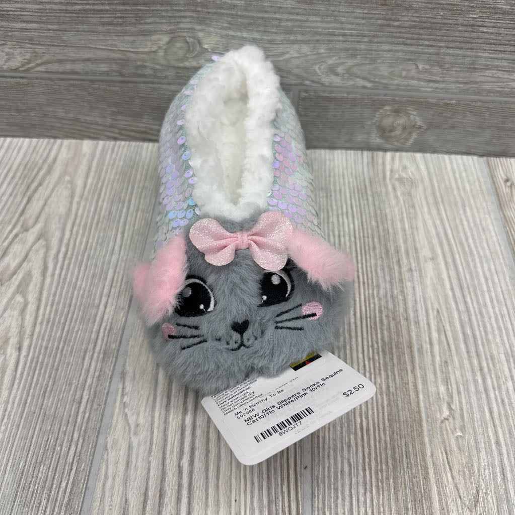 NEW Girls Slippers Socks Sequins Cat10/11c