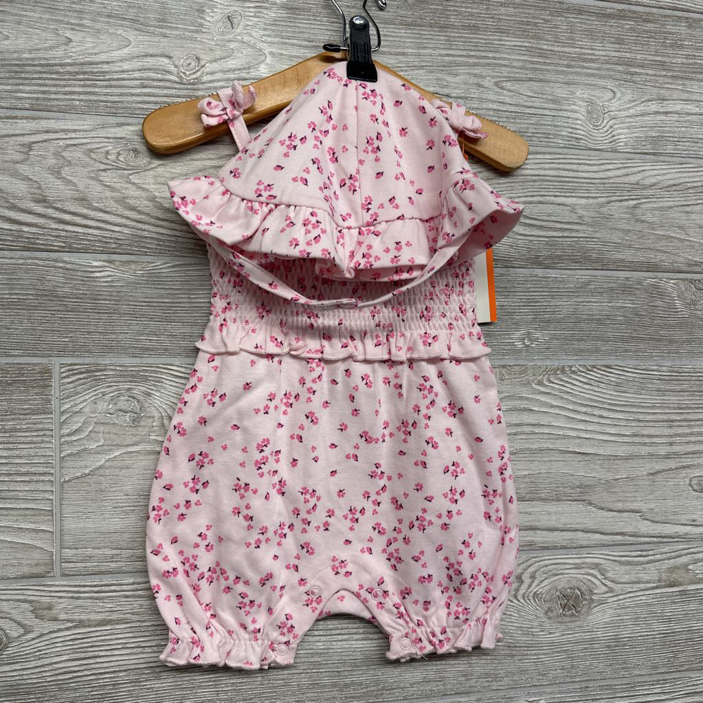 NEW Smocked Tank Romper & Sun Hat Flowers 6-9M