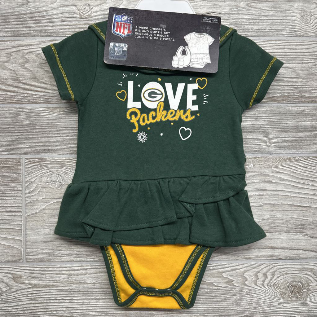 NEW Green Packers Love Dress, Bib & Bootie Set 12M