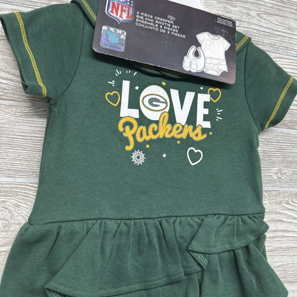 NEW Green Packers Love Dress, Bib & Bootie Set 12M