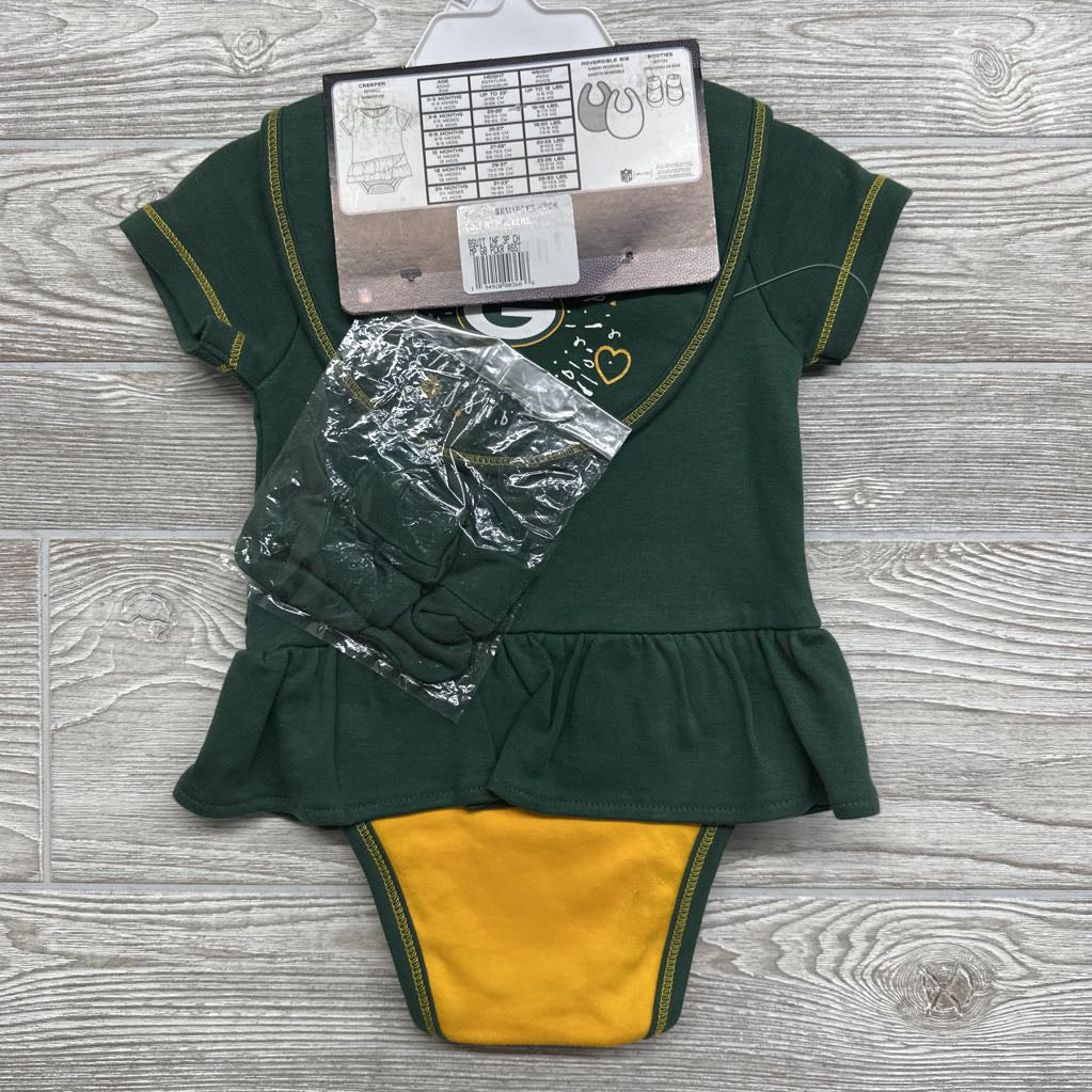 NEW Green Packers Love Dress, Bib & Bootie Set 12M