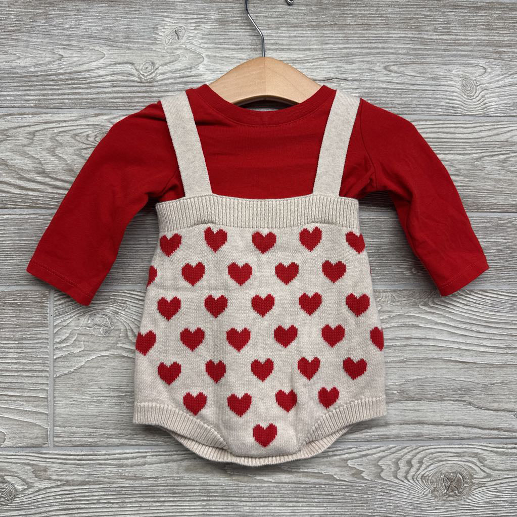 Knit Suspender Shorts & LS Shirt Hearts 3-6M