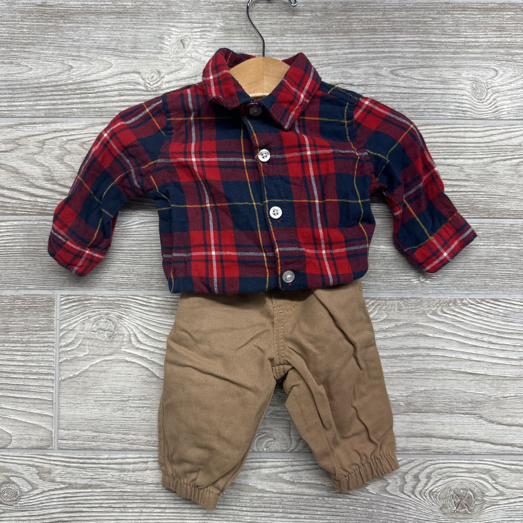 Cardigan, LS Plaid Button Up Bodysuit & Joggers W/ Bow Tie3-6M