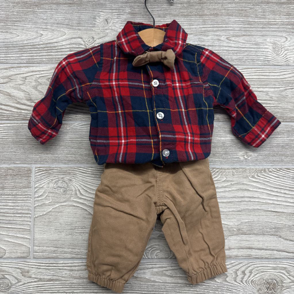 Cardigan, LS Plaid Button Up Bodysuit & Joggers W/ Bow Tie3-6M