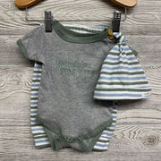 Ribbed Bodysuit Grandpa's Side Kick & Pants W/ Hat Stripes 0-3M