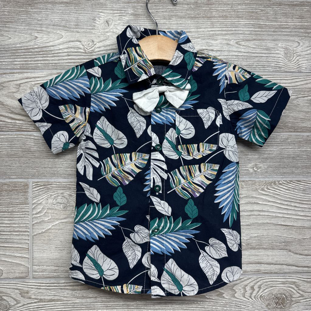 Button Up Shirt & Pull On Shorts W/ Bow Tie Leaves 9-12M