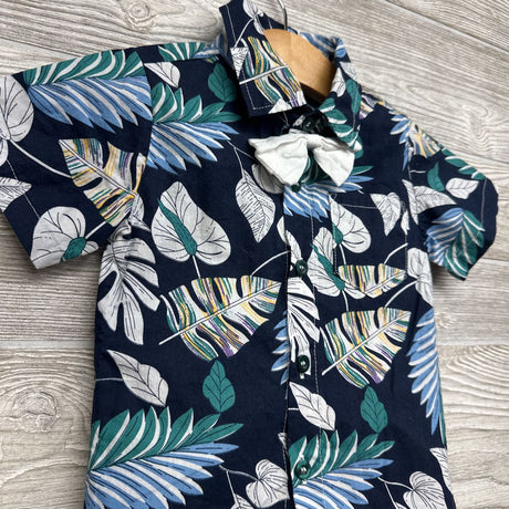 Button Up Shirt & Pull On Shorts W/ Bow Tie Leaves 9-12M