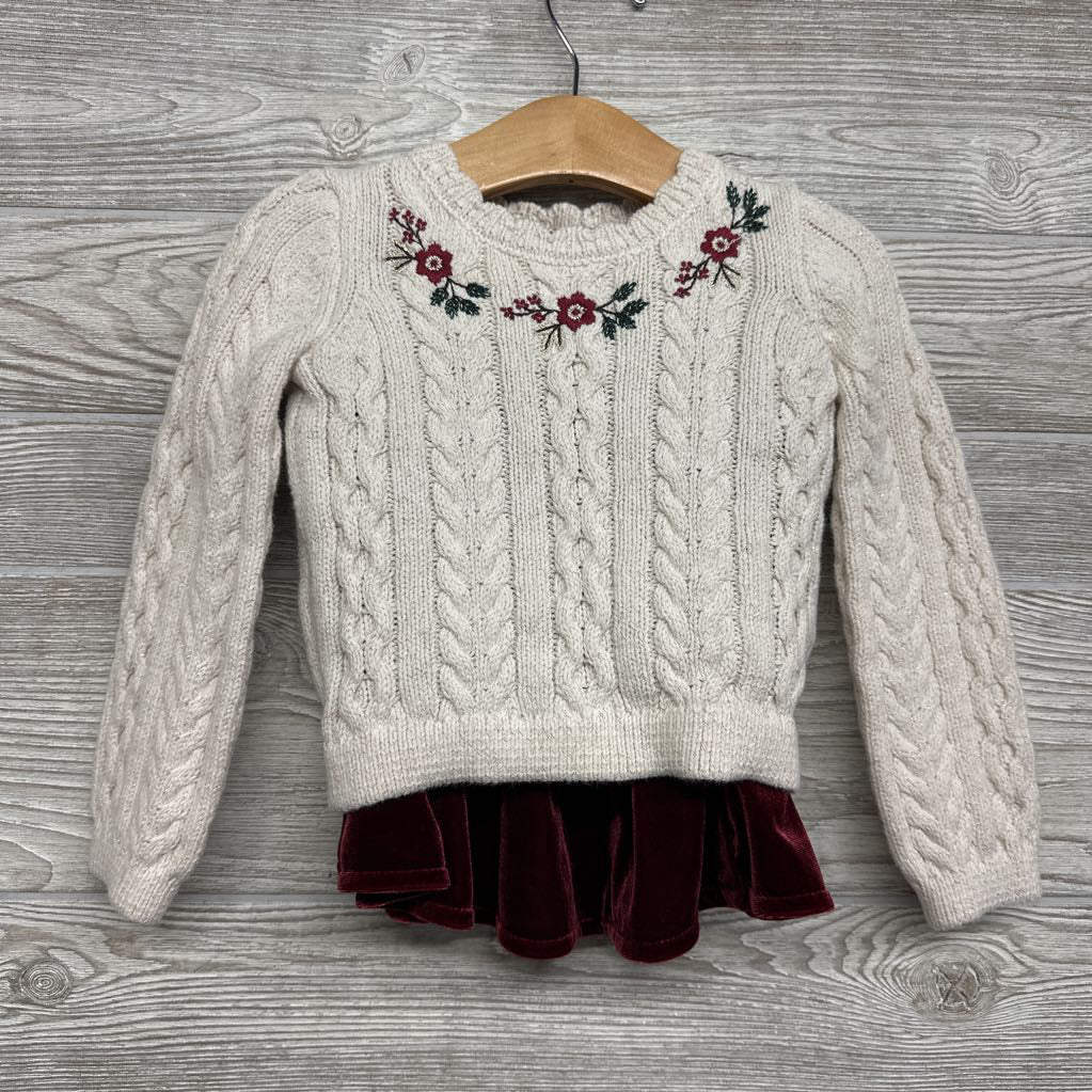 Cable Knit Sweater Flowers & Velvet Skirt 2T