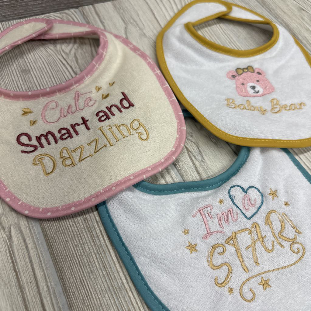 3 Pk Of Terry Bibs I'm A Star, Baby Bear, Cute smart & Dazzling