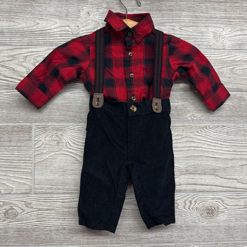 Corduroy Suspender Pants & Buffalo Plaid Button Up Shirt 3M