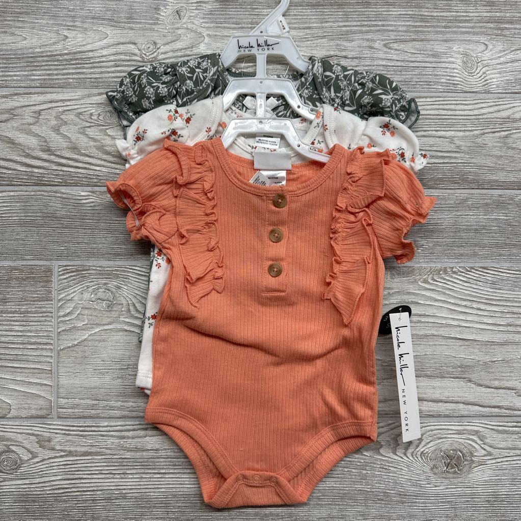 NEW 3 Pk Bodysuits Ribbed Flowers 6-9M