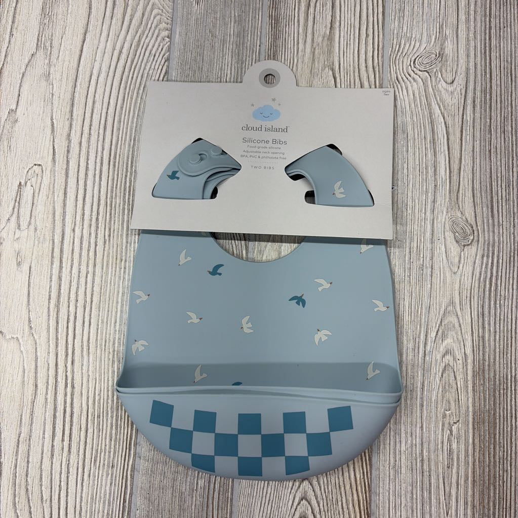 NEW 2 Pk Silicone Pocket Bibs Birds Checker