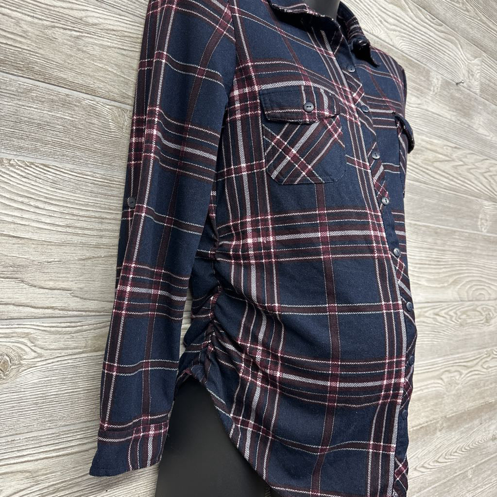 LS Plaid Ruched Button Up Shirt Small