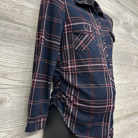LS Plaid Ruched Button Up Shirt Small