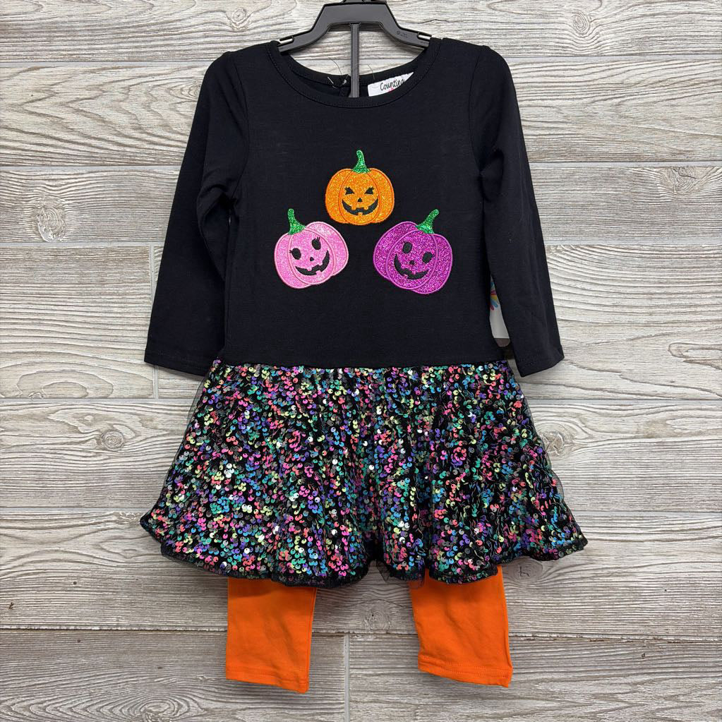 NEW LS Dress Pumpkins Sequins & Leggings 3T