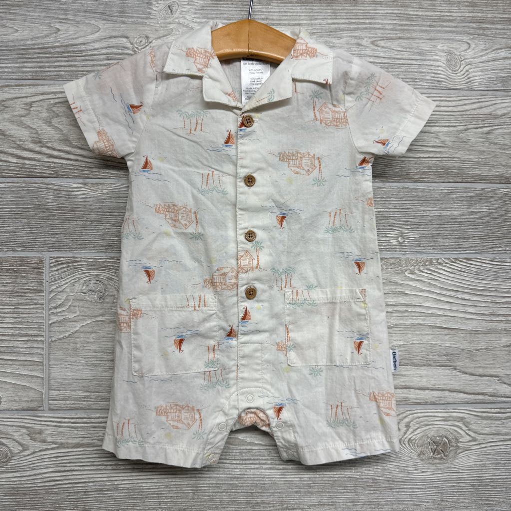 Button Up Shorty Romper Sailboats Beach Houses 6-9M