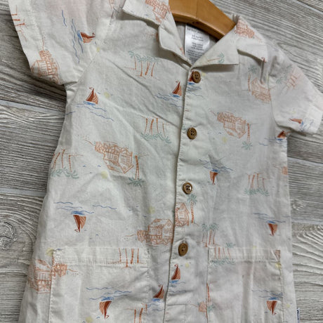 Button Up Shorty Romper Sailboats Beach Houses 6-9M