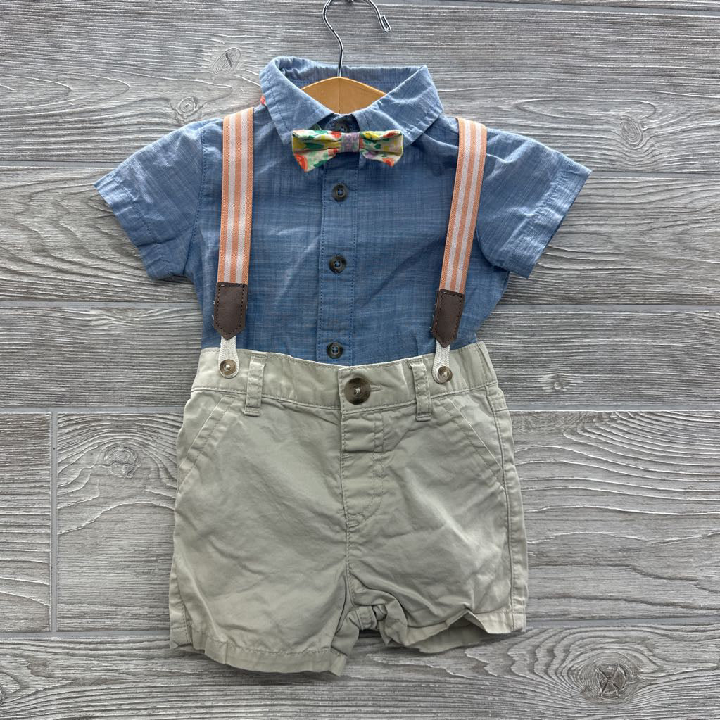 Chambray Button Up Shirt & Suspenders W/ Bow Tie Flowers 6-9M