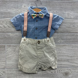 Chambray Button Up Shirt & Suspenders W/ Bow Tie Flowers 6-9M