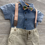 Chambray Button Up Shirt & Suspenders W/ Bow Tie Flowers 6-9M