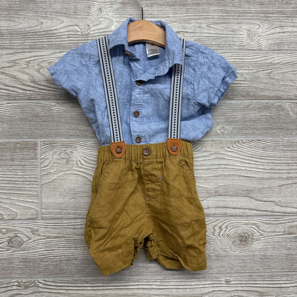 Button Up Shirt Leaves & Suspender Shorts 18M