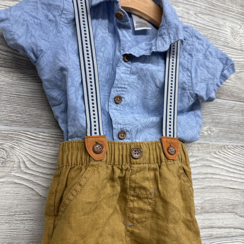 Button Up Shirt Leaves & Suspender Shorts 18M