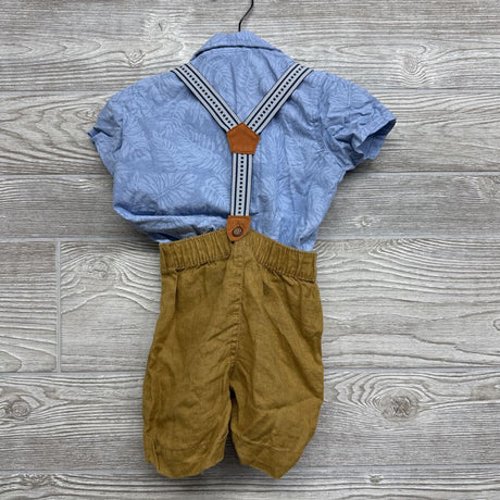 Button Up Shirt Leaves & Suspender Shorts 18M