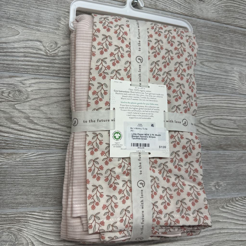 NEW 2 Pk Muslin Blanket Flowers Stripes