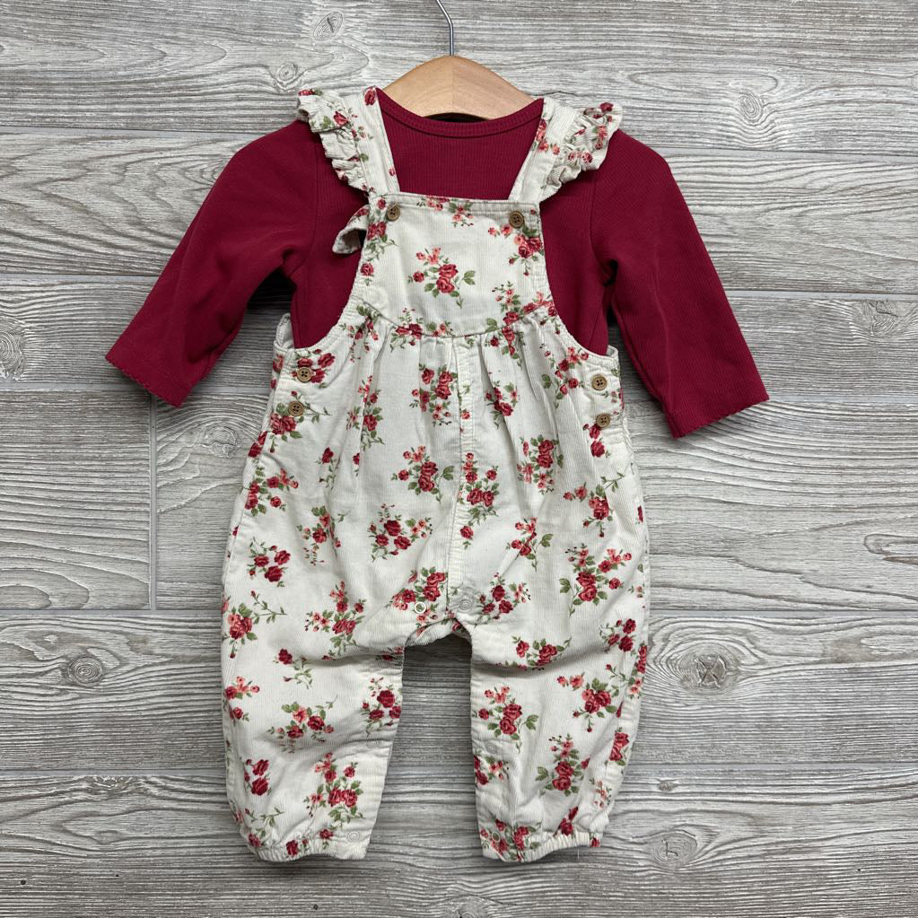 Flutter Strap Cord Overalls Flowers & LS Ribbed Shirt 9M