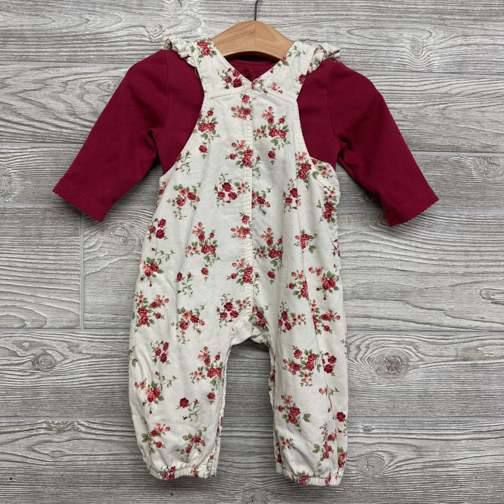 Flutter Strap Cord Overalls Flowers & LS Ribbed Shirt 9M