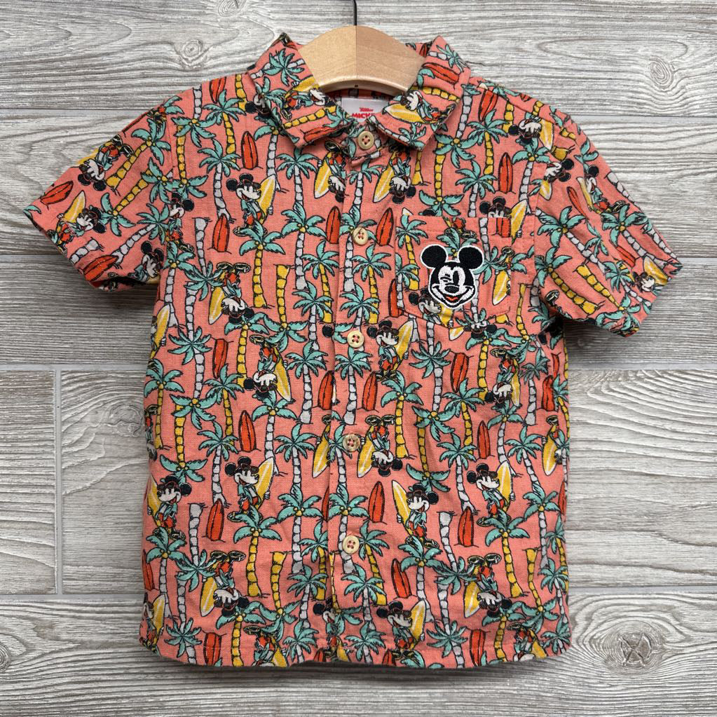 Linen Blend Button Up Shirt & Pull On Shorts Mickey Mouse Surf Boards 3T