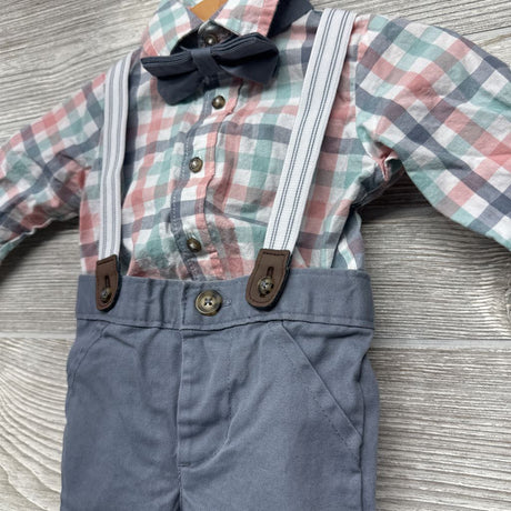 LS Plaid Button Up Bodysuit & Suspender Pants W/ Bowtie 3M