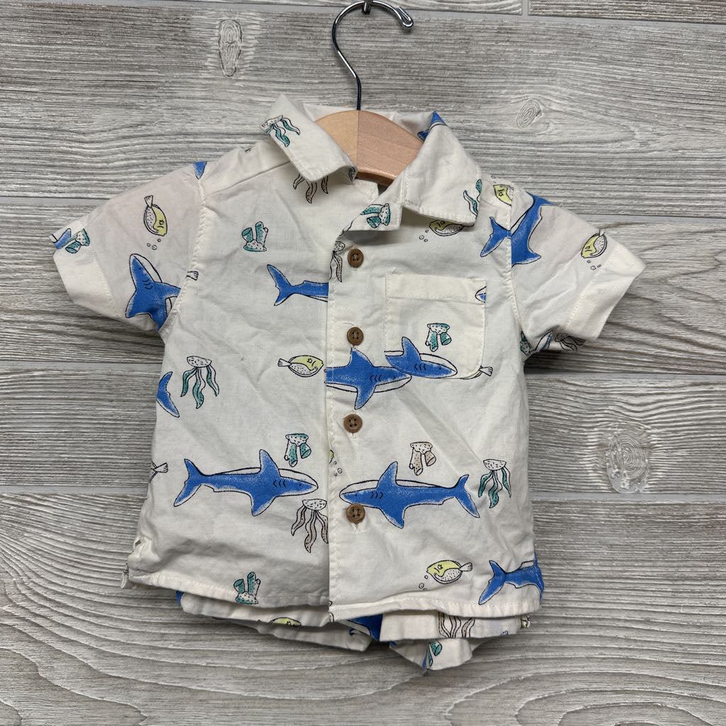 Button Up Shirt & Shorts Sharks Fish 3M