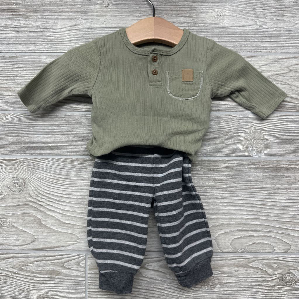 LS Ribbed Henley Bodysuit & French Terry Pants Stripes 0-3M