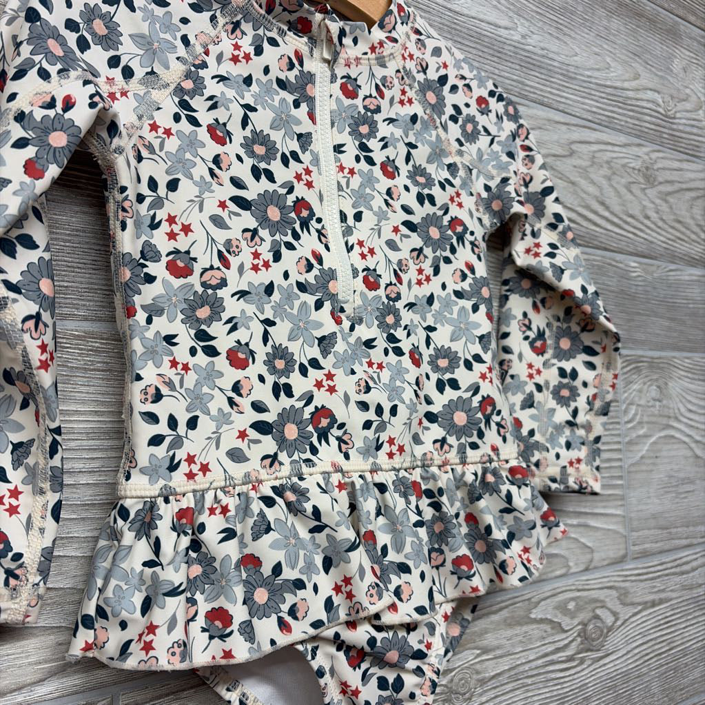 1/4 Zip LS Swimsuit Ruffle Flowers 2t