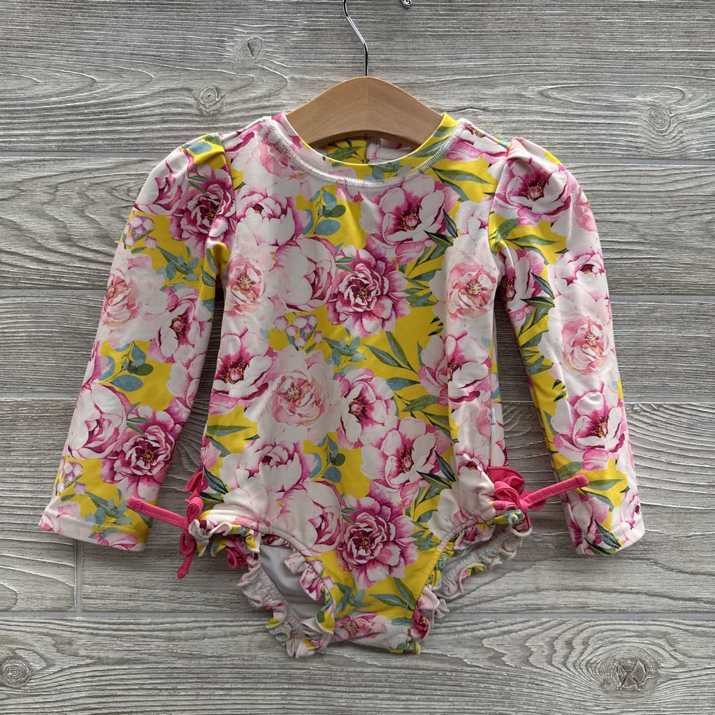 LS Swimsuit Flowers Ruffle Trim Side Bows 2T