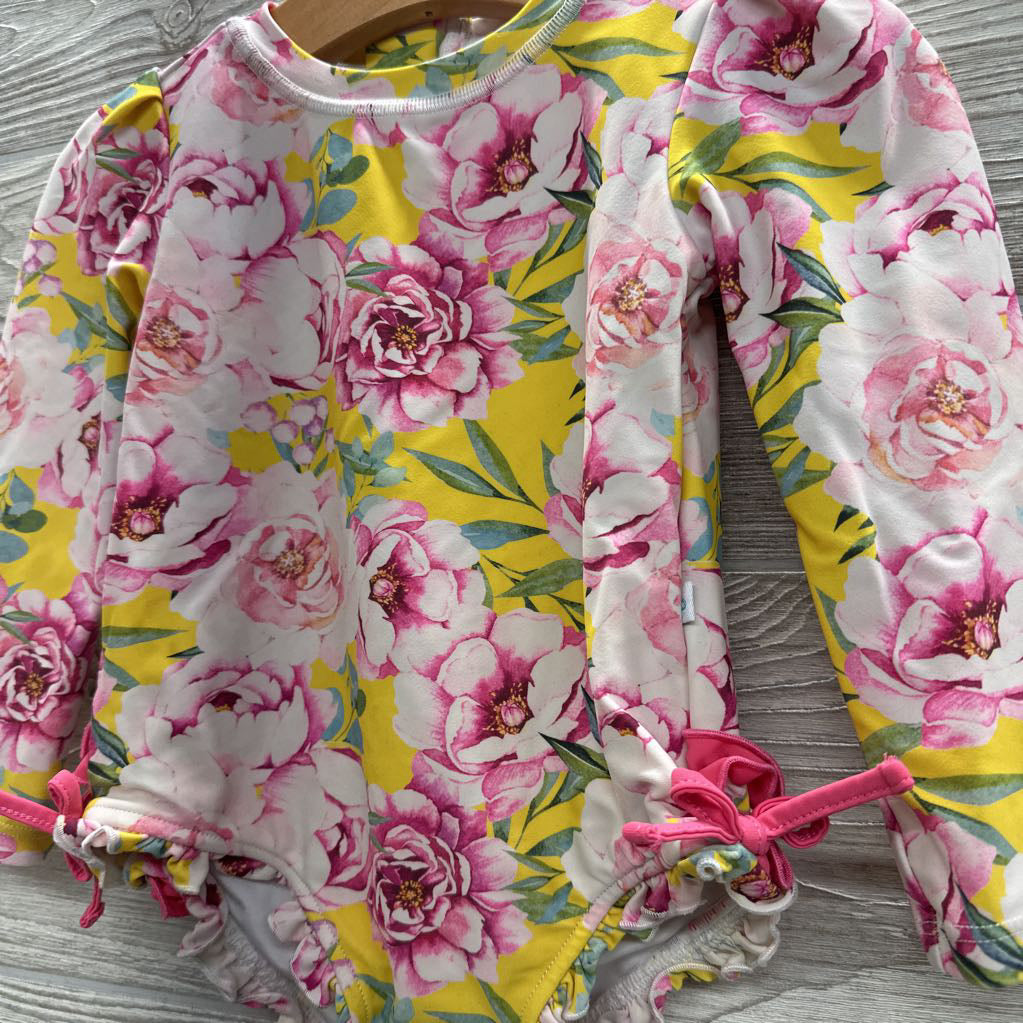LS Swimsuit Flowers Ruffle Trim Side Bows 2T