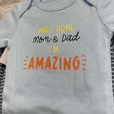 NEW Bodysuit Well Done Mom & Dad, LS Side Snap Shirt & Pants Stripes W/ Hat 3-6M