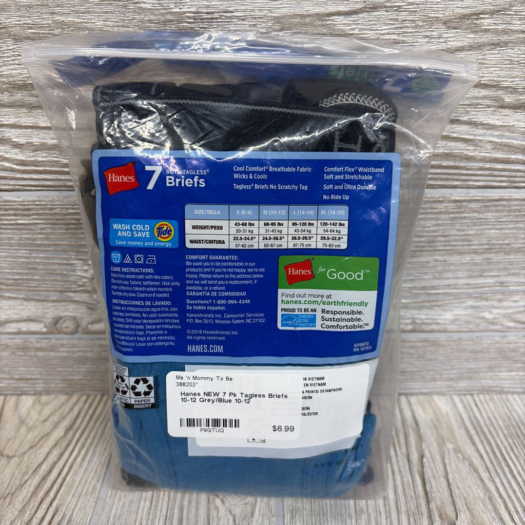 NEW 7 Pk Tagless Briefs 10-12